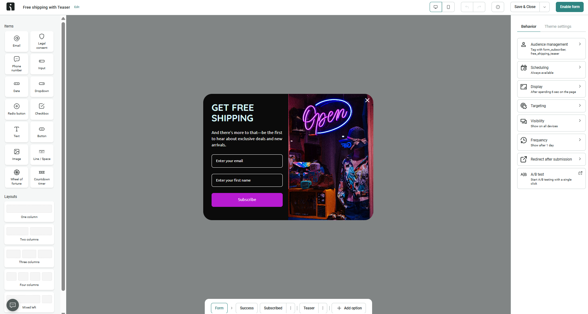 Omnisend’s pop-up form builder
