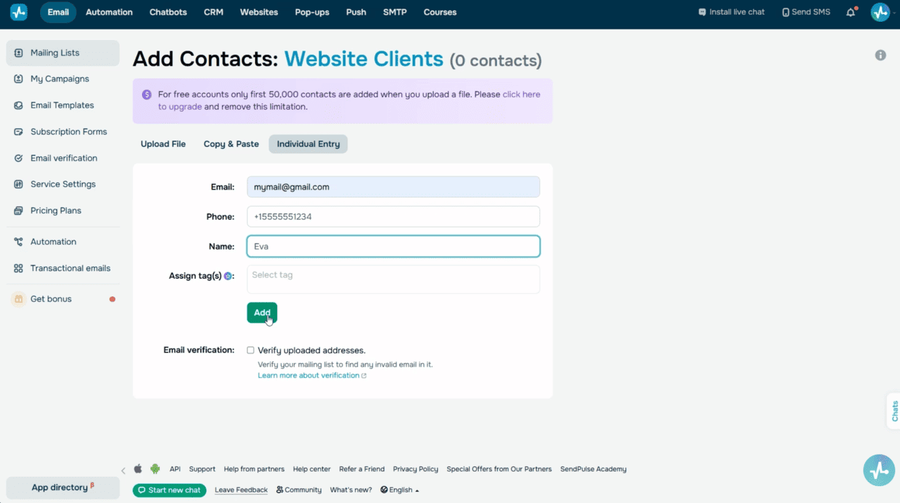The creation of the new mailing list “Website Clients” and adding contacts.