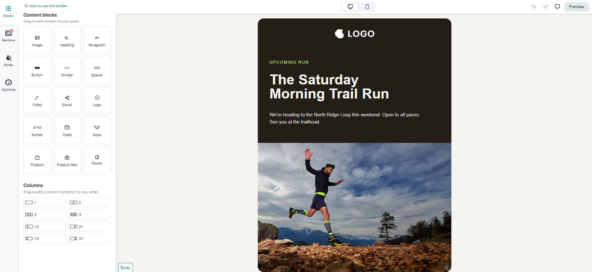 newsletter in Mailchimp's editor 