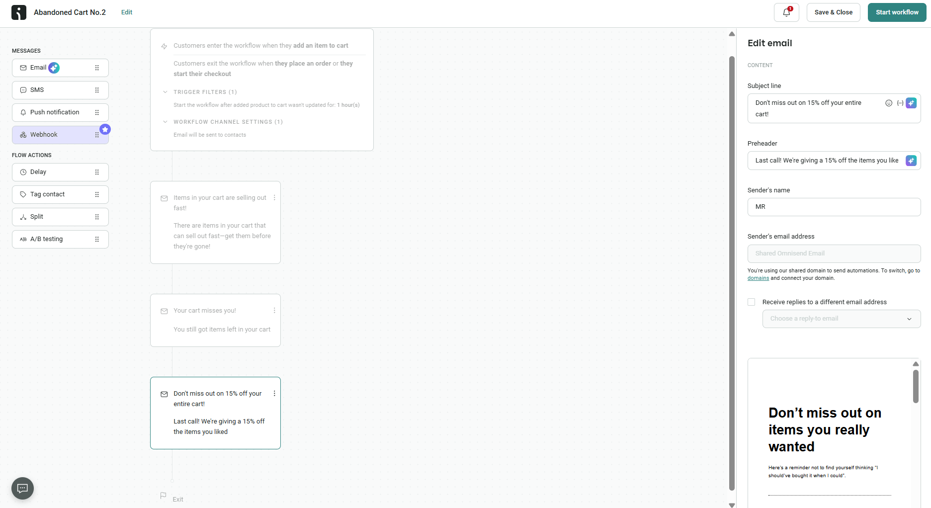 abandoned cart automation in Omnisend builder