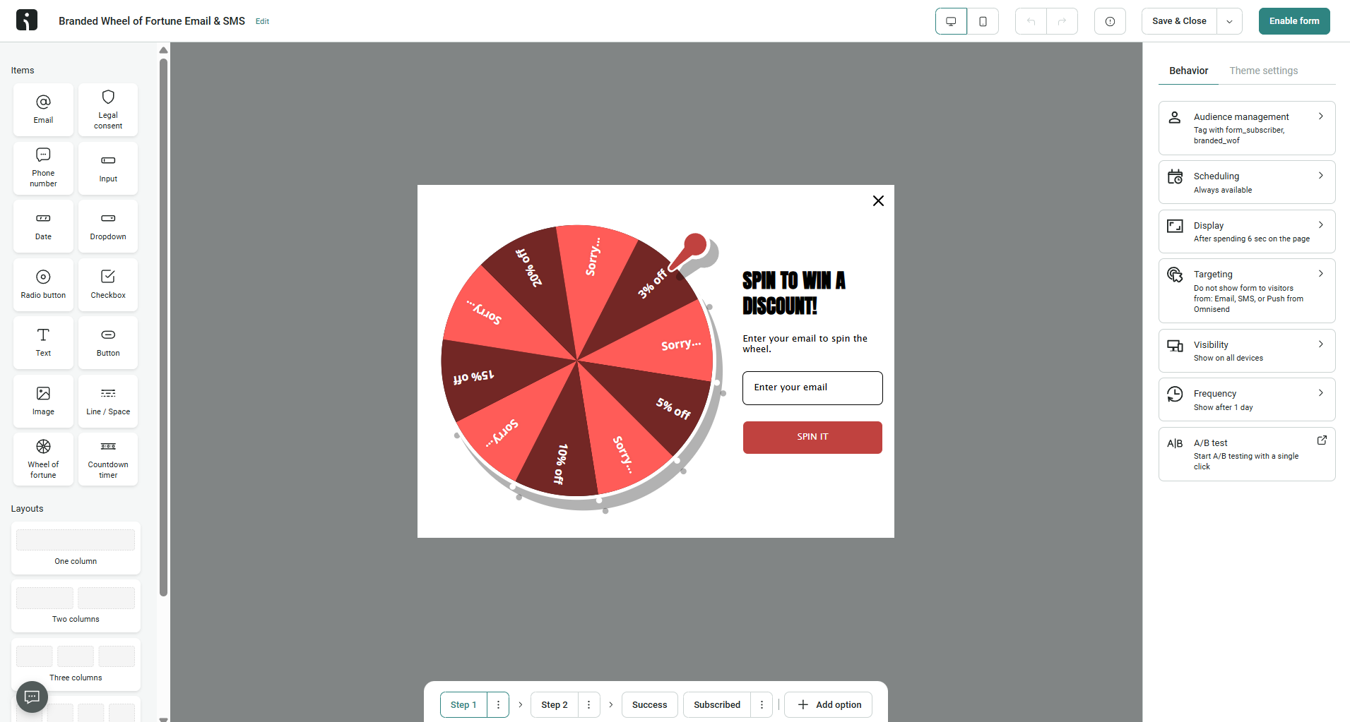 Omnisend's wheel of fortune pop-up