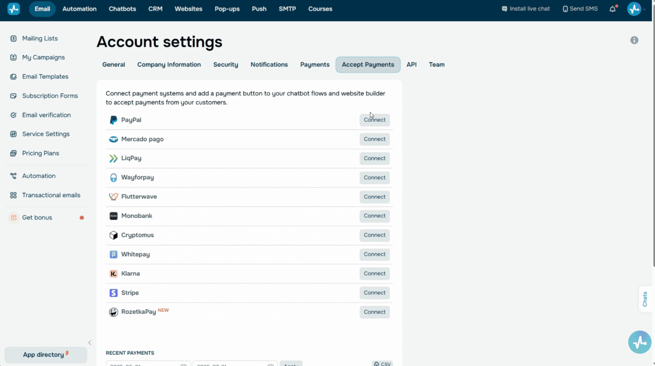 Accept Payments tab in account settings with the list of payment methods.