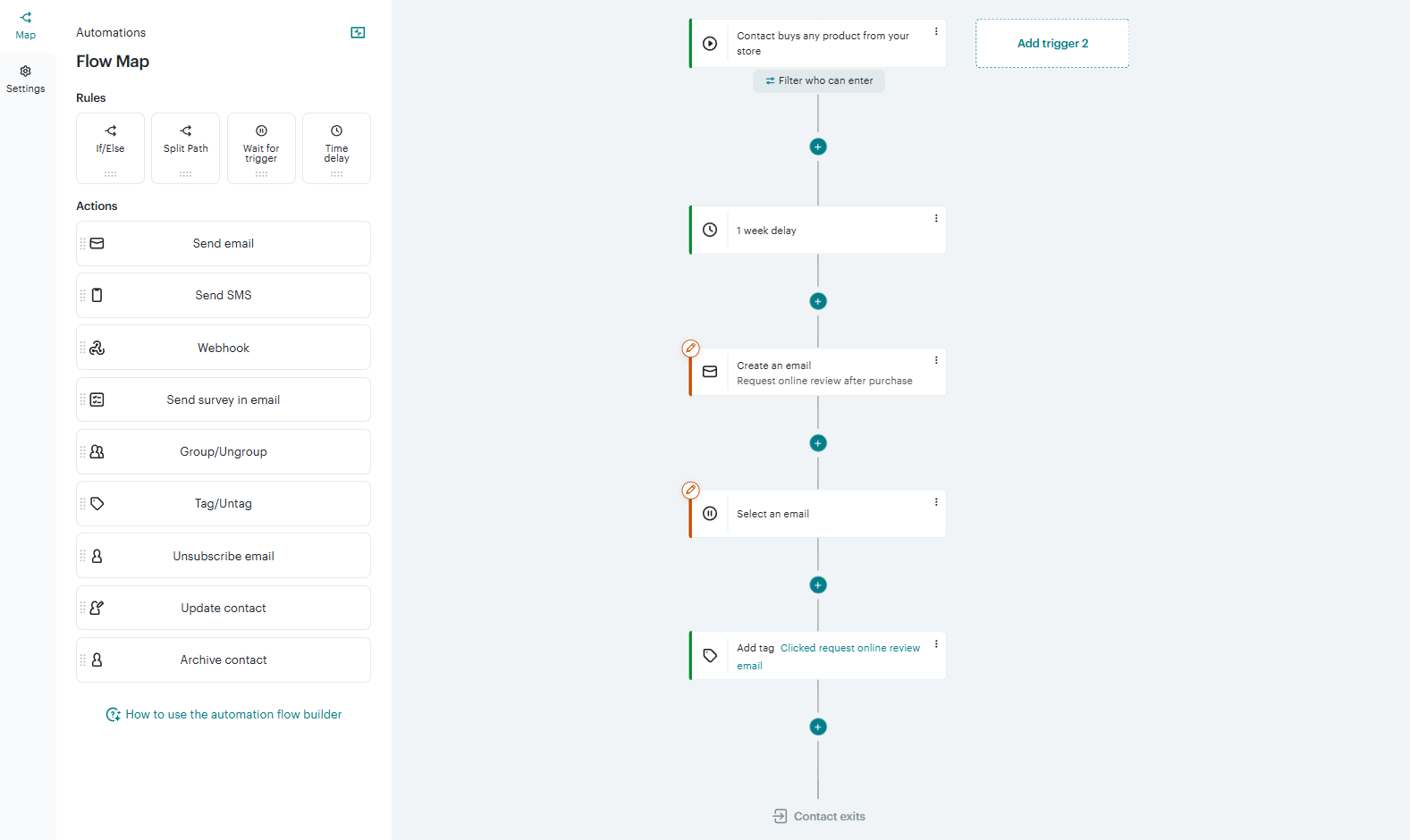 post-purchase review flow in Mailchimp's automation builder 