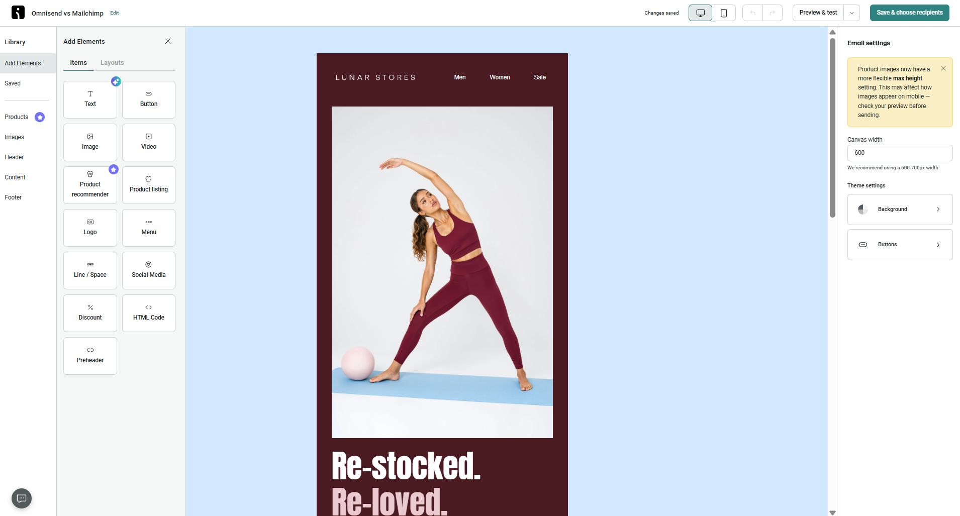 product email in Omnisend's editor 