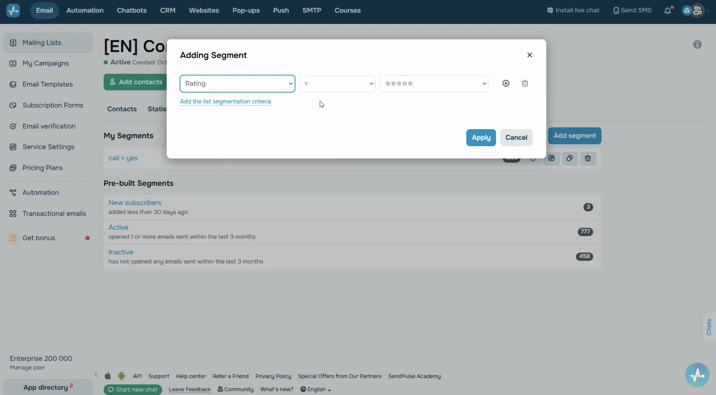 Segments tab of a mailing list and the Add segment pop-up window with the segment type, condition, and value fields.