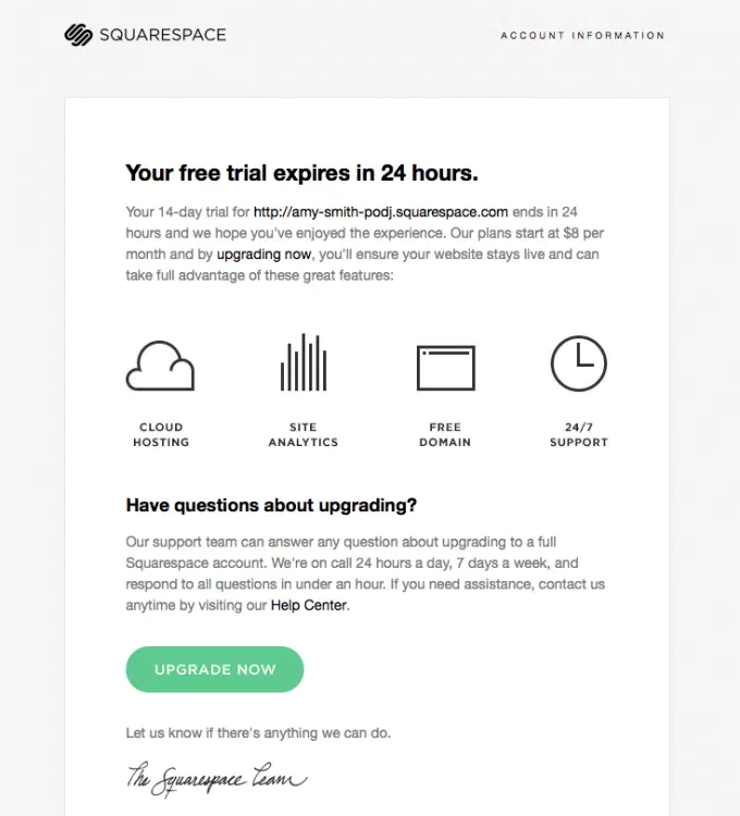 Squarespace's trial-ending reminder