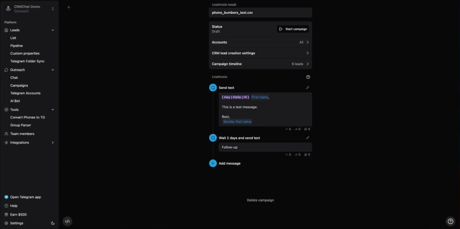 нова кампанія в Telegram всередині CRMChat