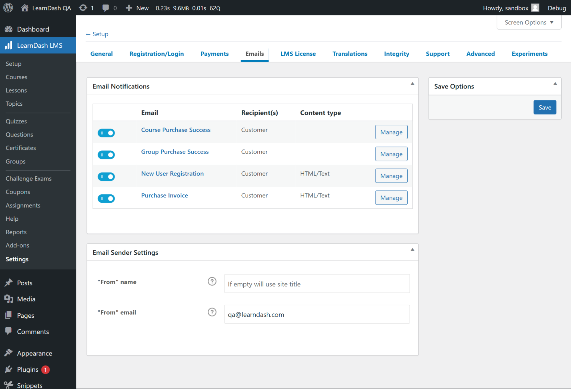 main dashboard of LearnDash