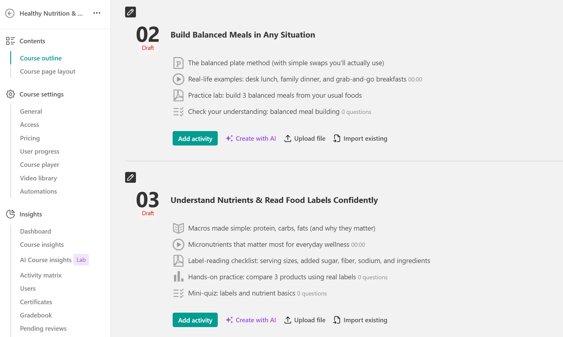 LearnWorlds' AI varies the format within each section