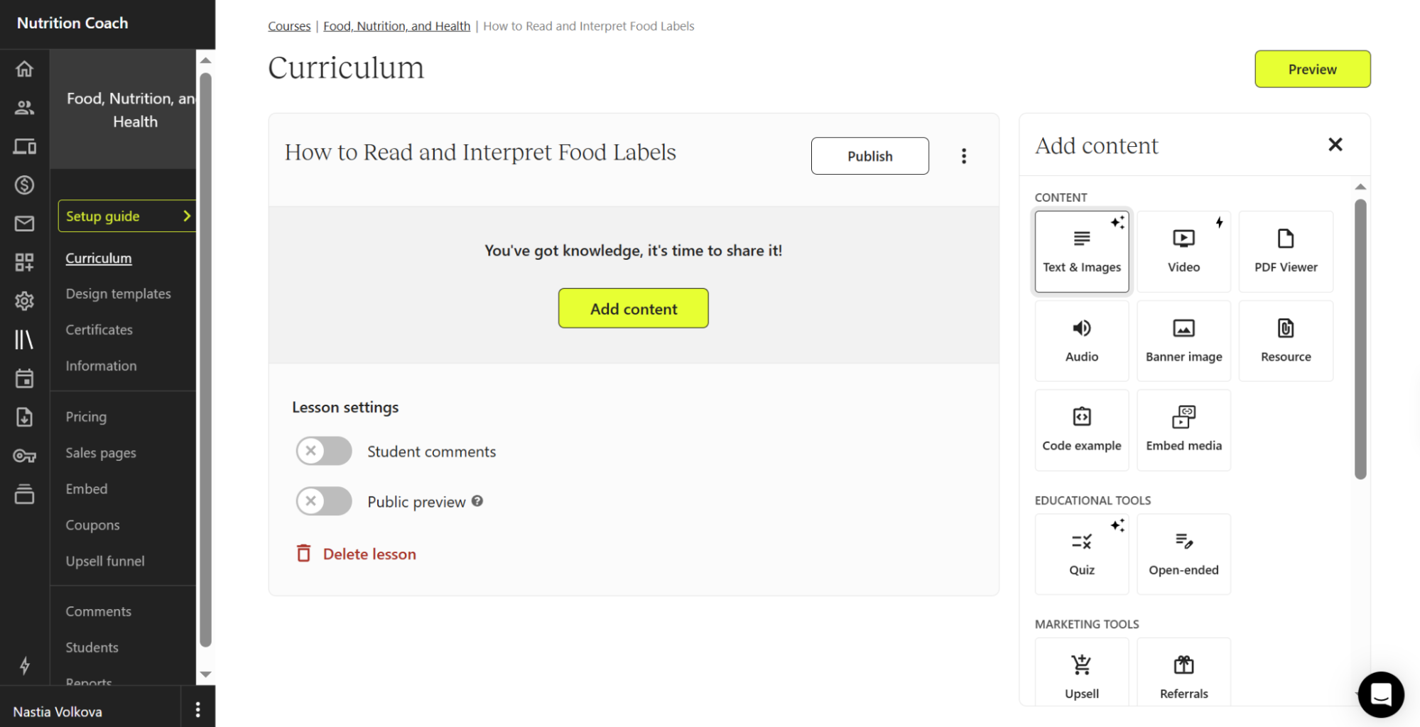 content, quiz, upsell, and referral blocks in Teachable