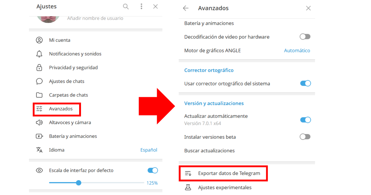 Opciones en Telegram Desktop