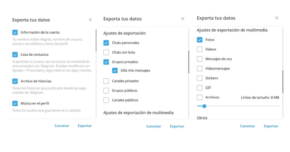 Opciones para exportar datos al eliminar una cuenta de Telegram