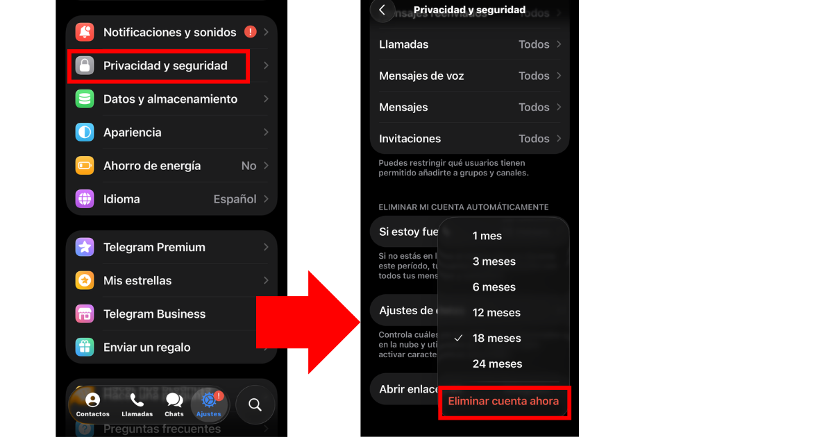 Proceso para eliminar cuenta de Telegram desde iPhone