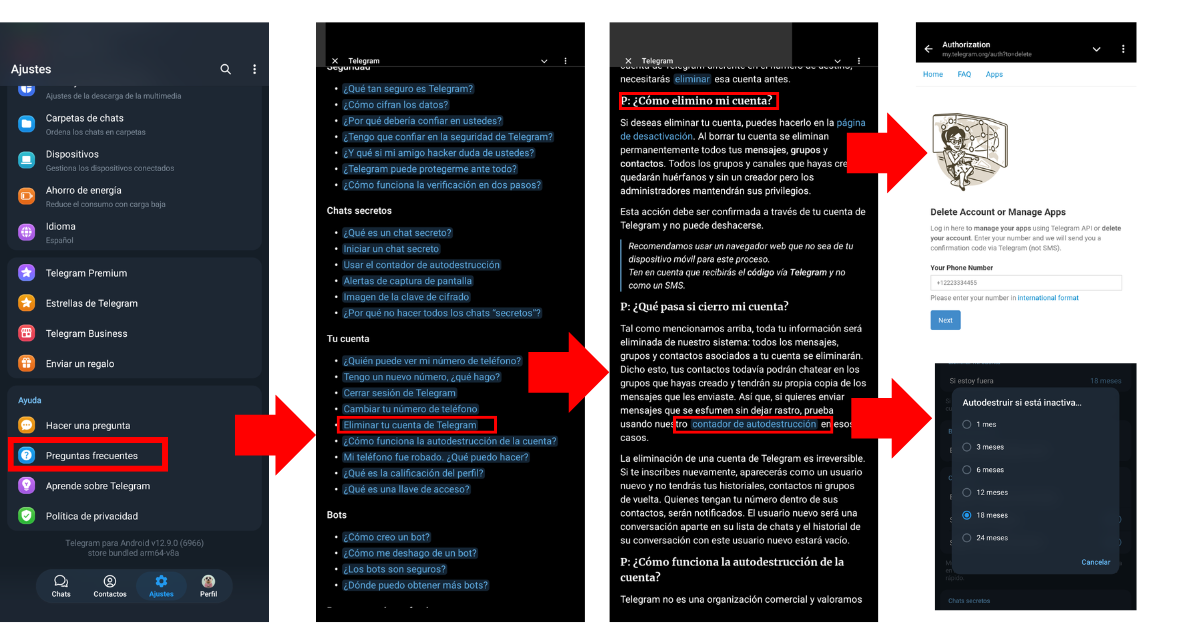 Sección de preguntas frecuentes de Telegram en Android