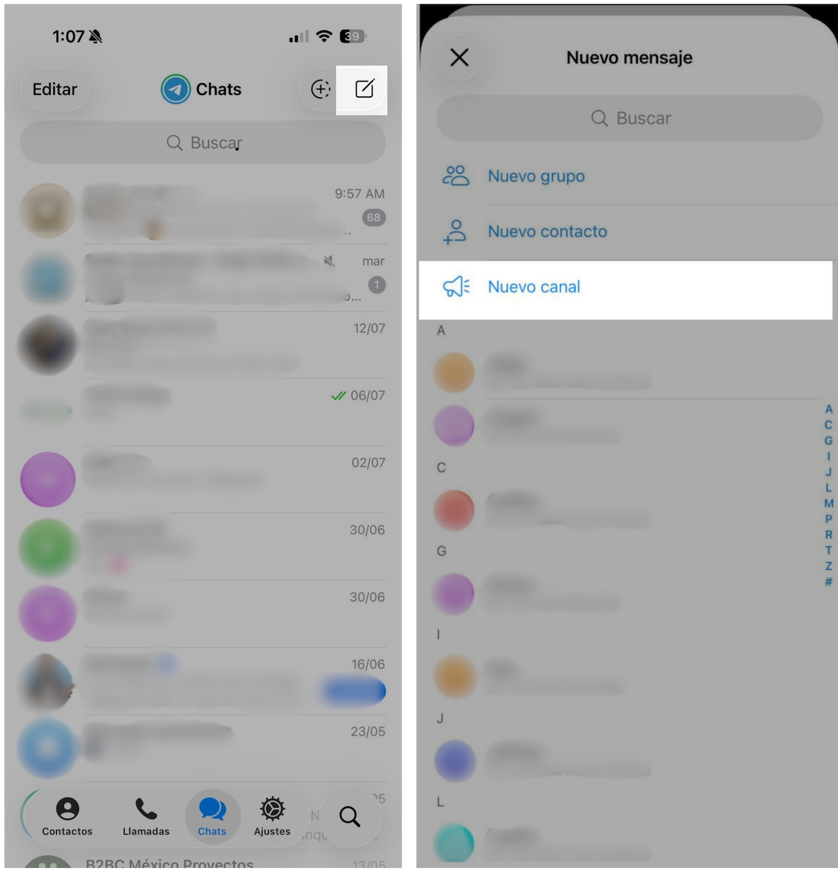 Captura de pantalla de la creación de un canal de Telegram en Iphone
