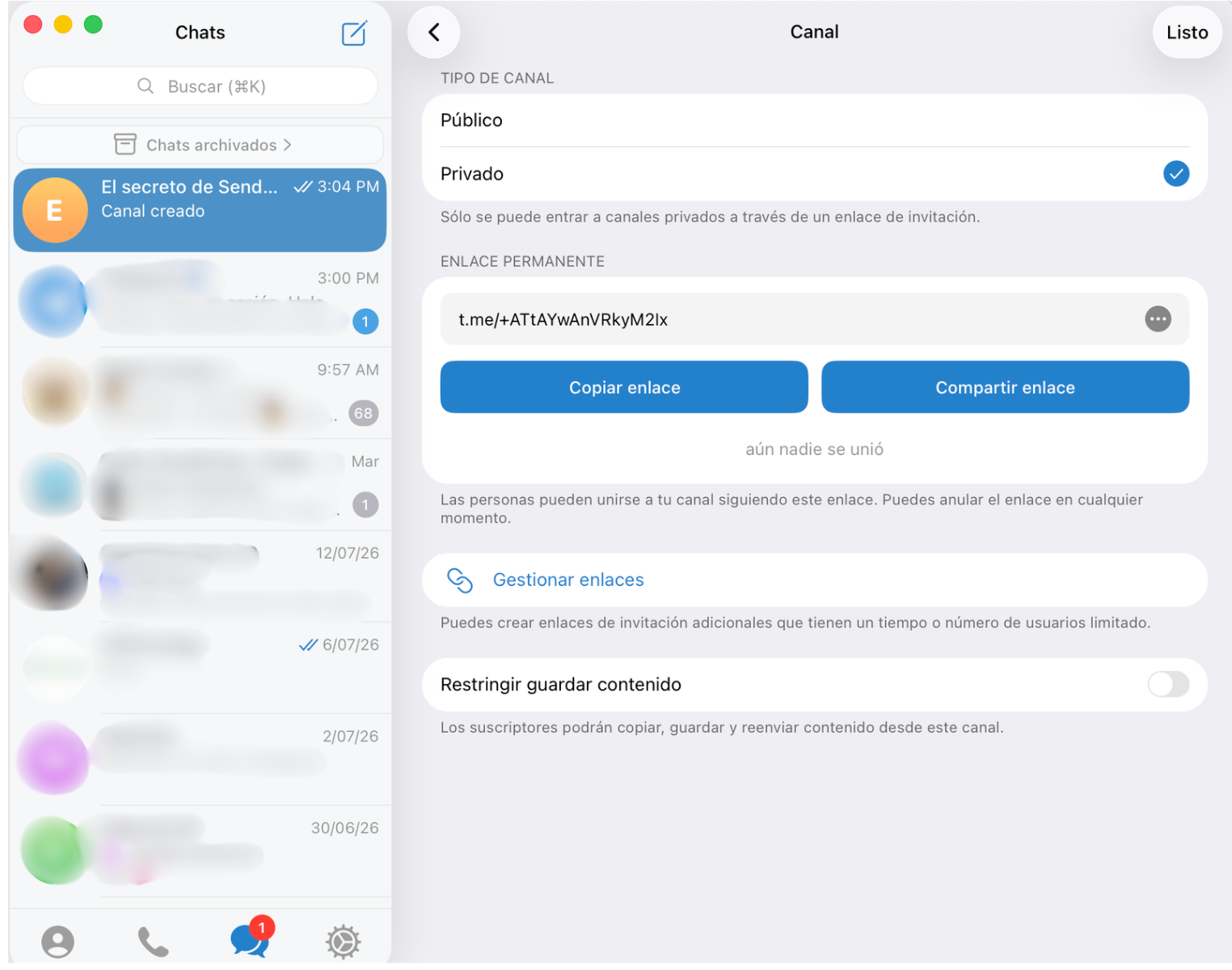 Captura de pantalla de la configuración de un canal de Telegram en un dispositivo de escritorio