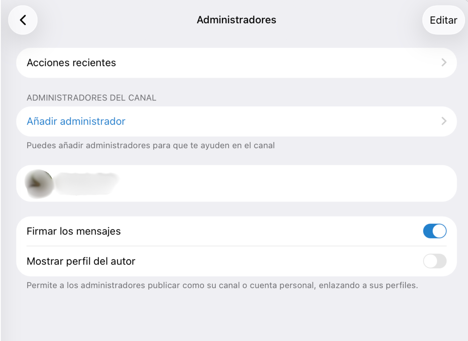 Configuración de la firma de mensajes para un canal de Telegram