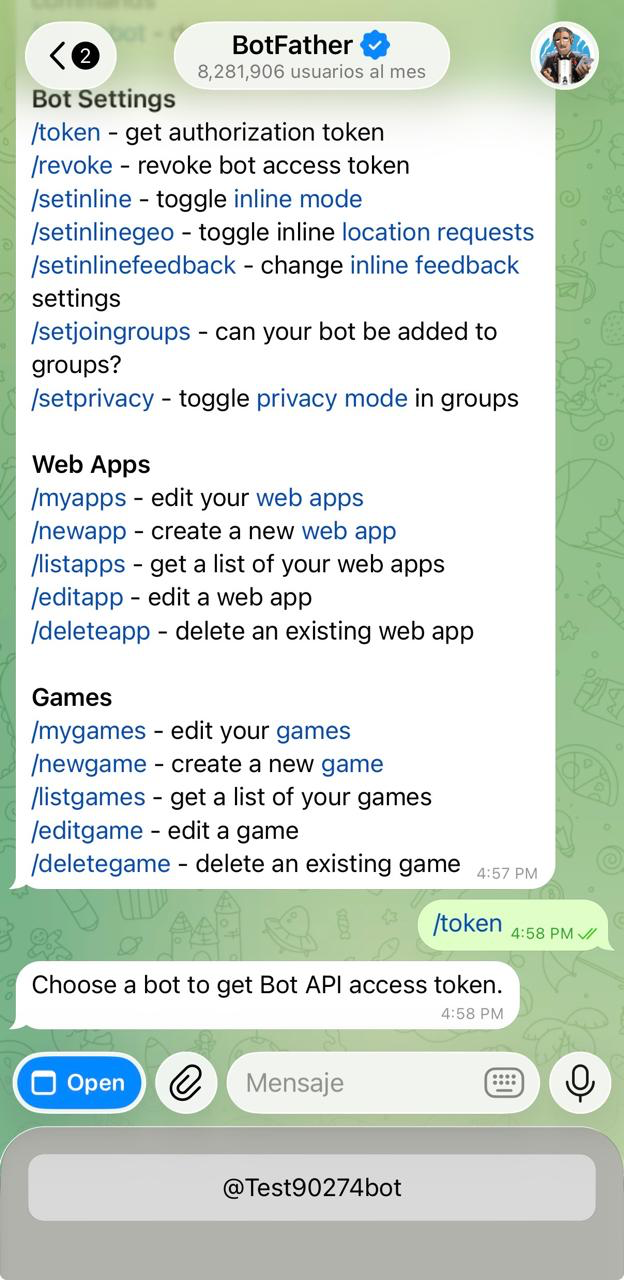 Chat con el token enviado por BotFather en Telegram para conectar un chatbot