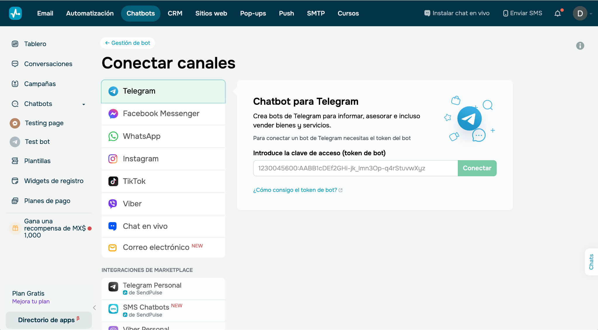 Interfaz de SendPulse para conectar un chatbot