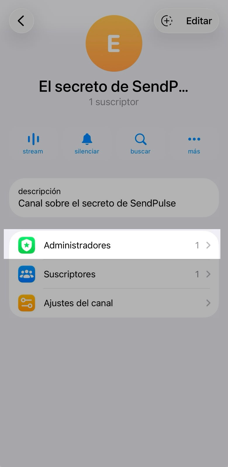 Captura de pantalla de la configuración del canal de Telegram