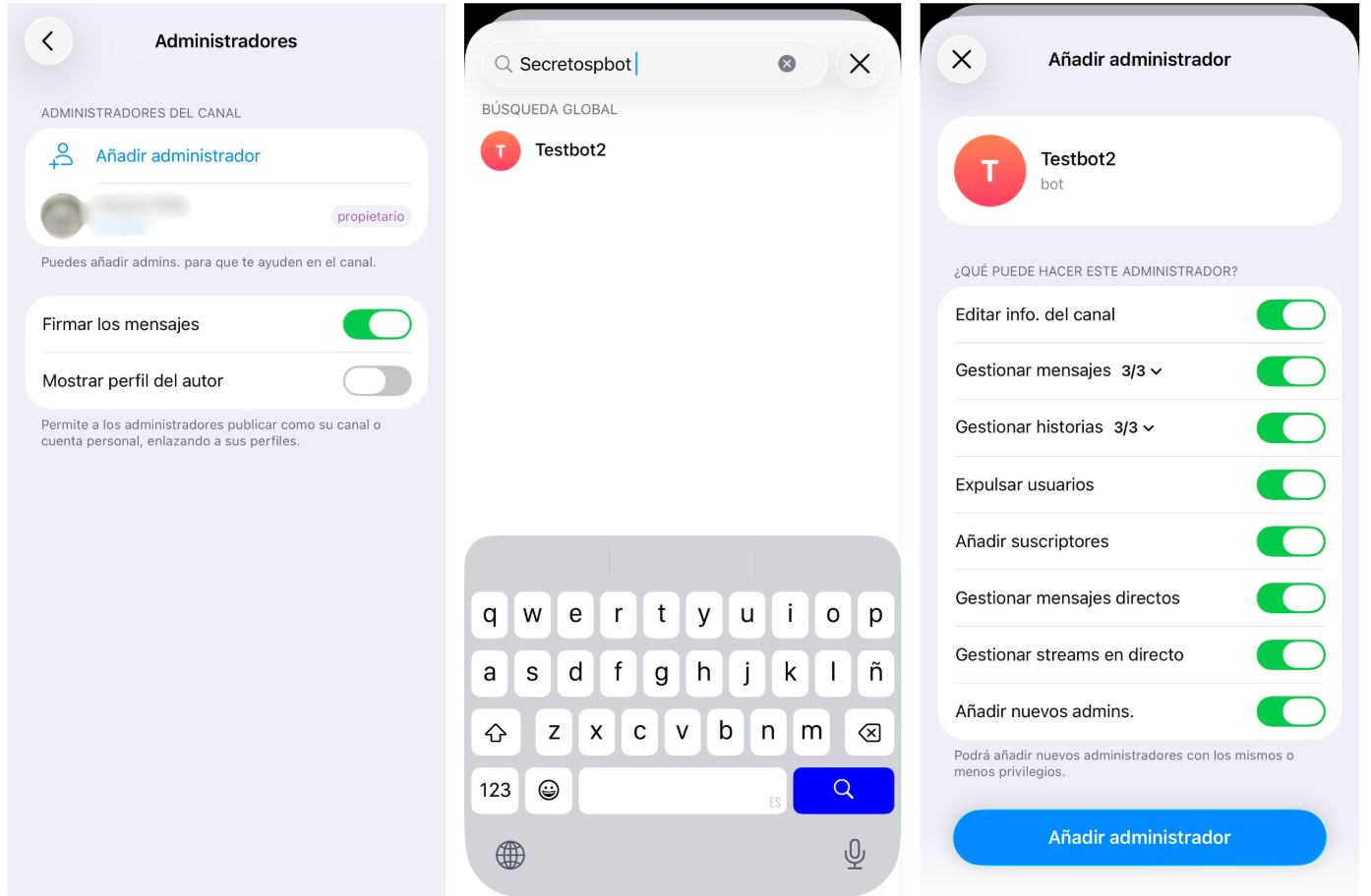 Adición del bot creado como administrador del canal de Telegram