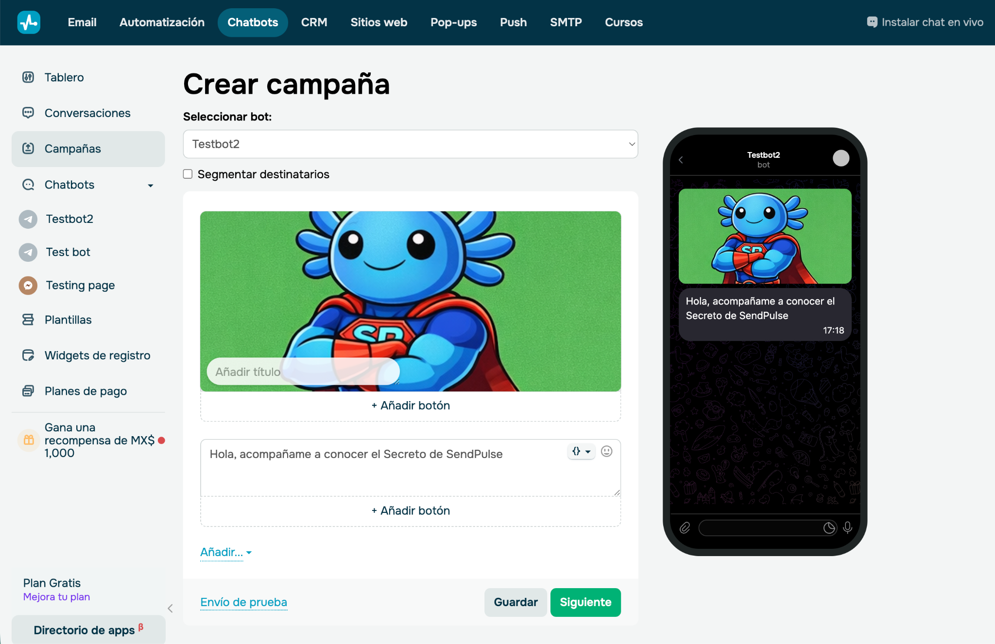 Interfaz de SendPulse creando una campaña para Telegram 