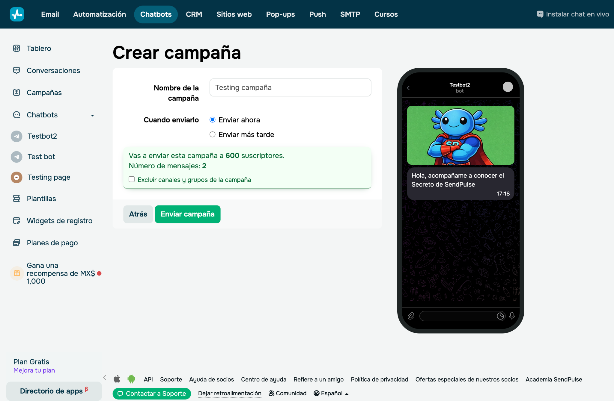 Programando la campaña de Telegram en la plataforma de SendPulse