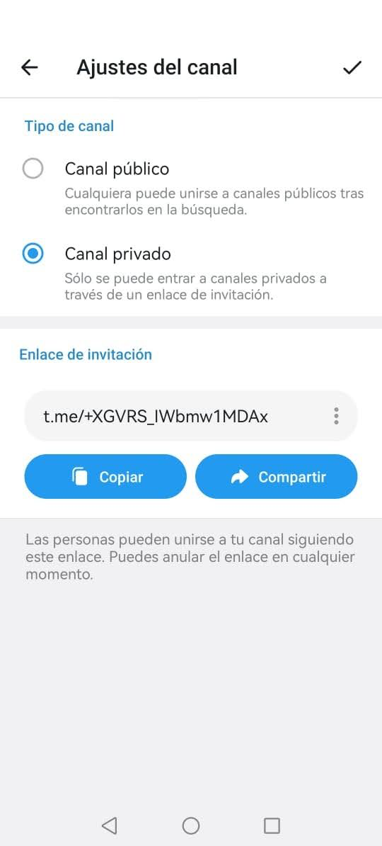 Ajustes del tipo de canal de Telegram 