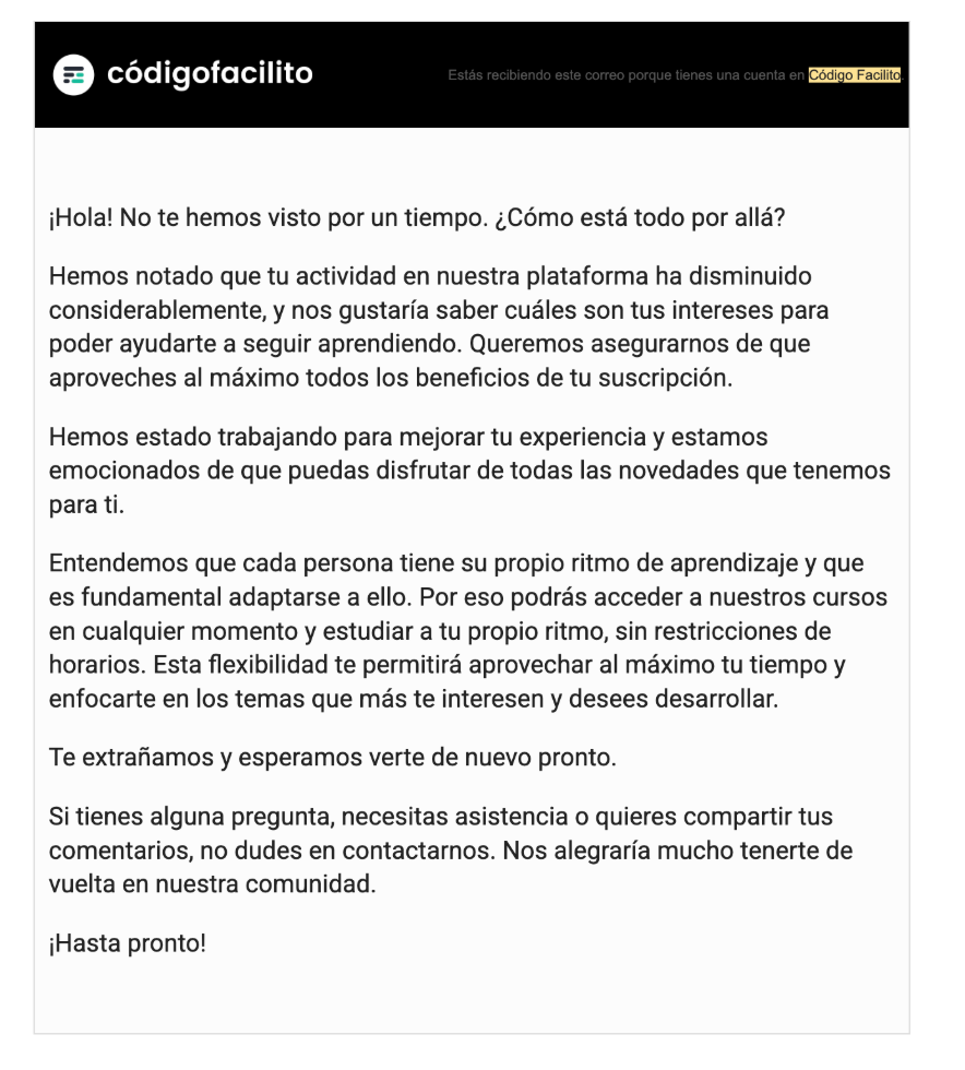Correo para recuperar clientes mediente la actualización de preferencias de Código Facilito