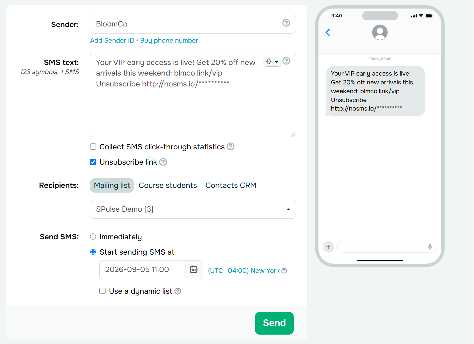 scheduling a bulk SMS campaign in SendPulse