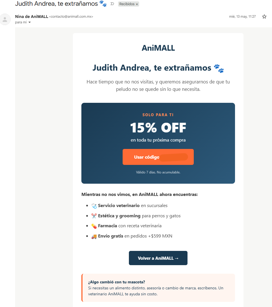 Ejemplo de un correo de campaña de reactivación de AniMALL