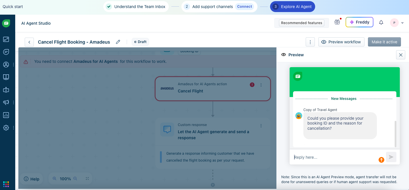 AI agent workflow in Freshchat