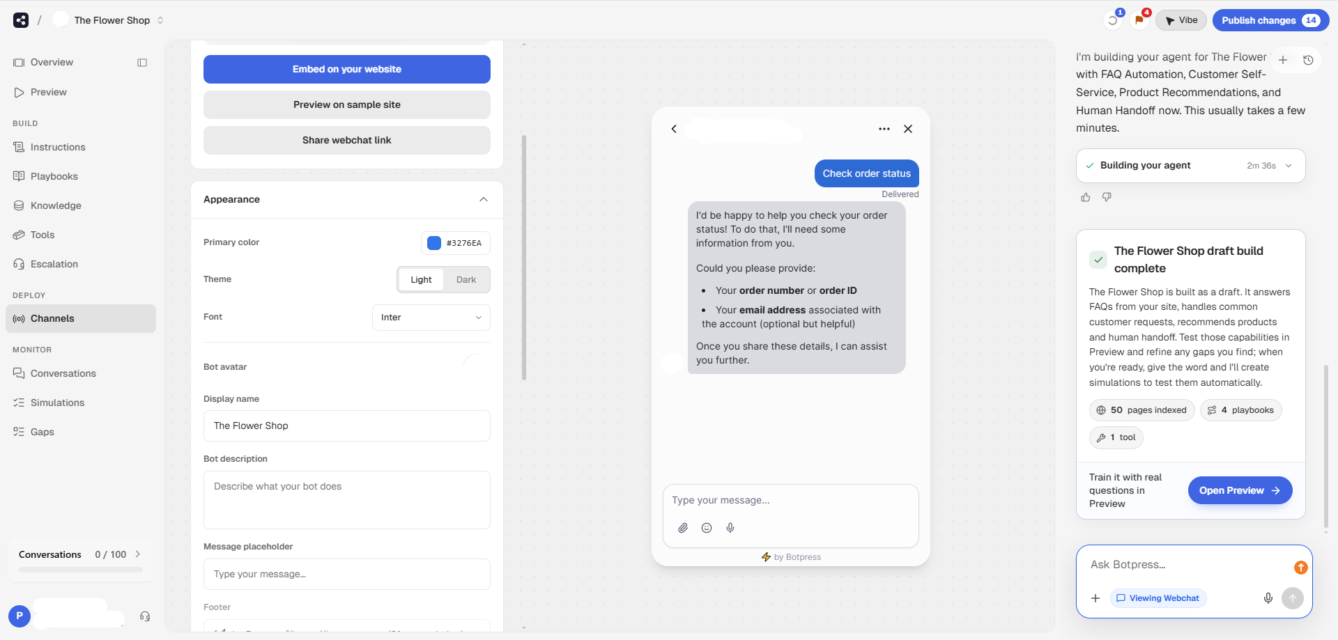 Flower Shop support agent we built in Botpress 