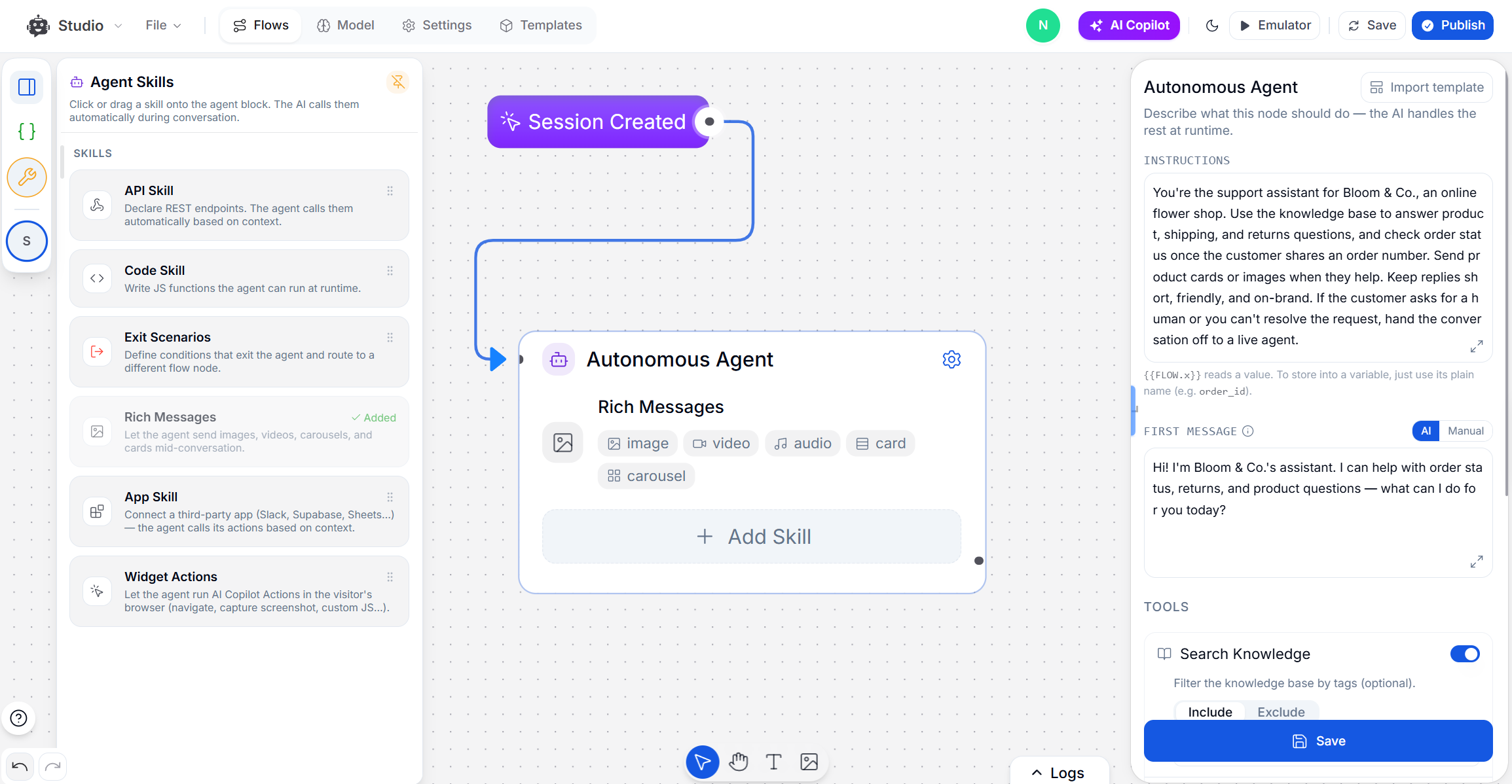 autonomous AI agent and its skills in YourGPT's Studio