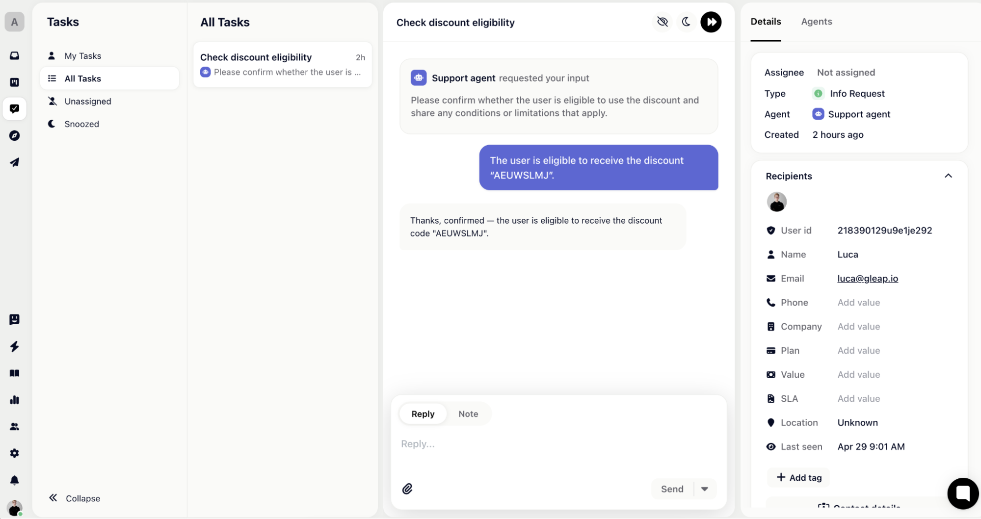 AI-assisted support task in Gleap