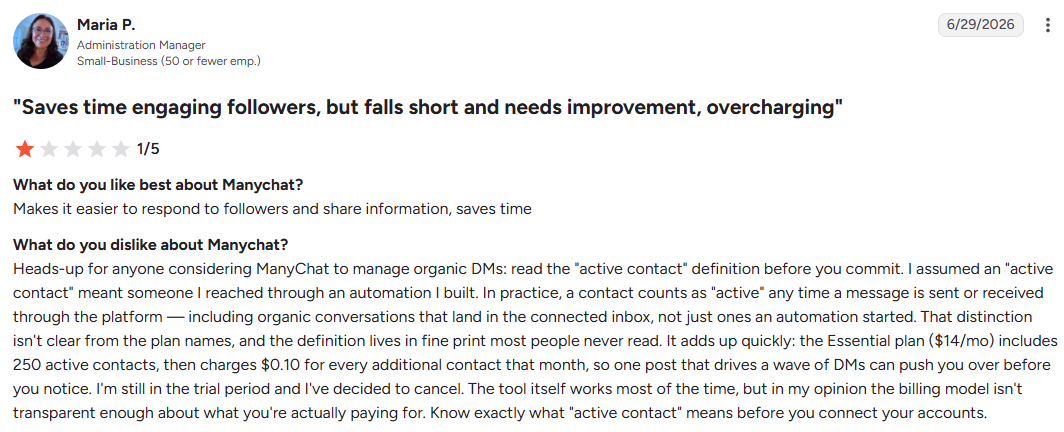 Manychat customer review about unexpected active contact charges
