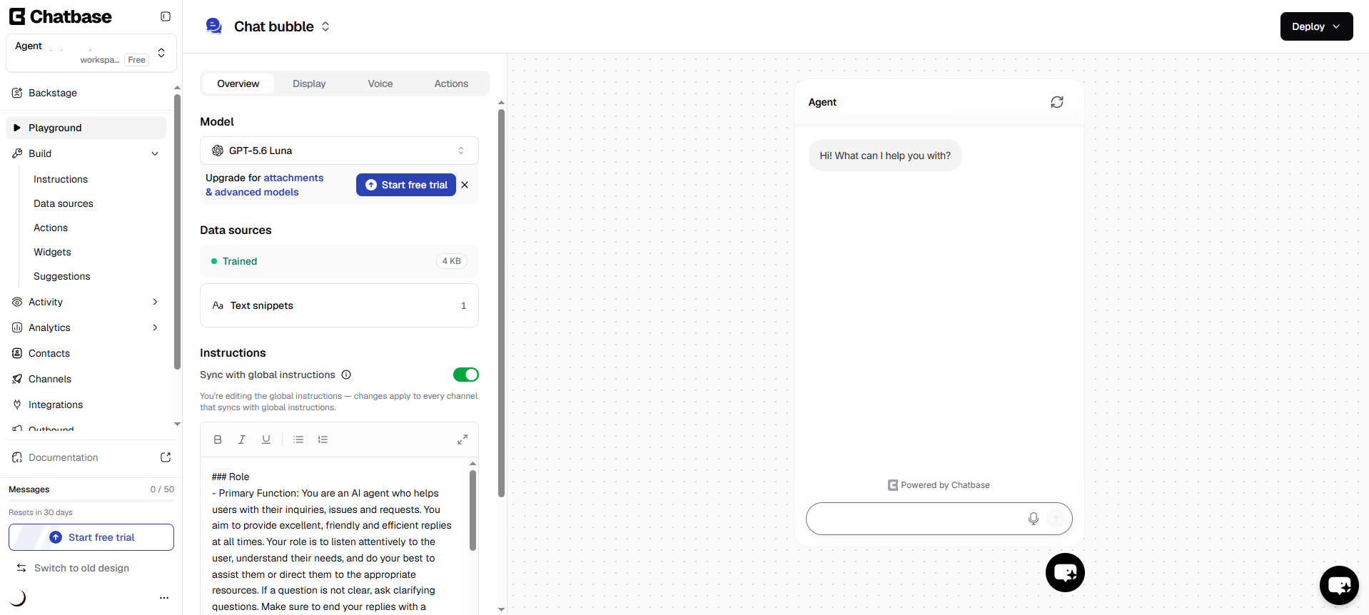 Chatbase agent's model, data sources, and instructions in our test account 