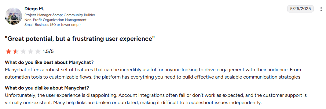 Manychat customer review about poor support 