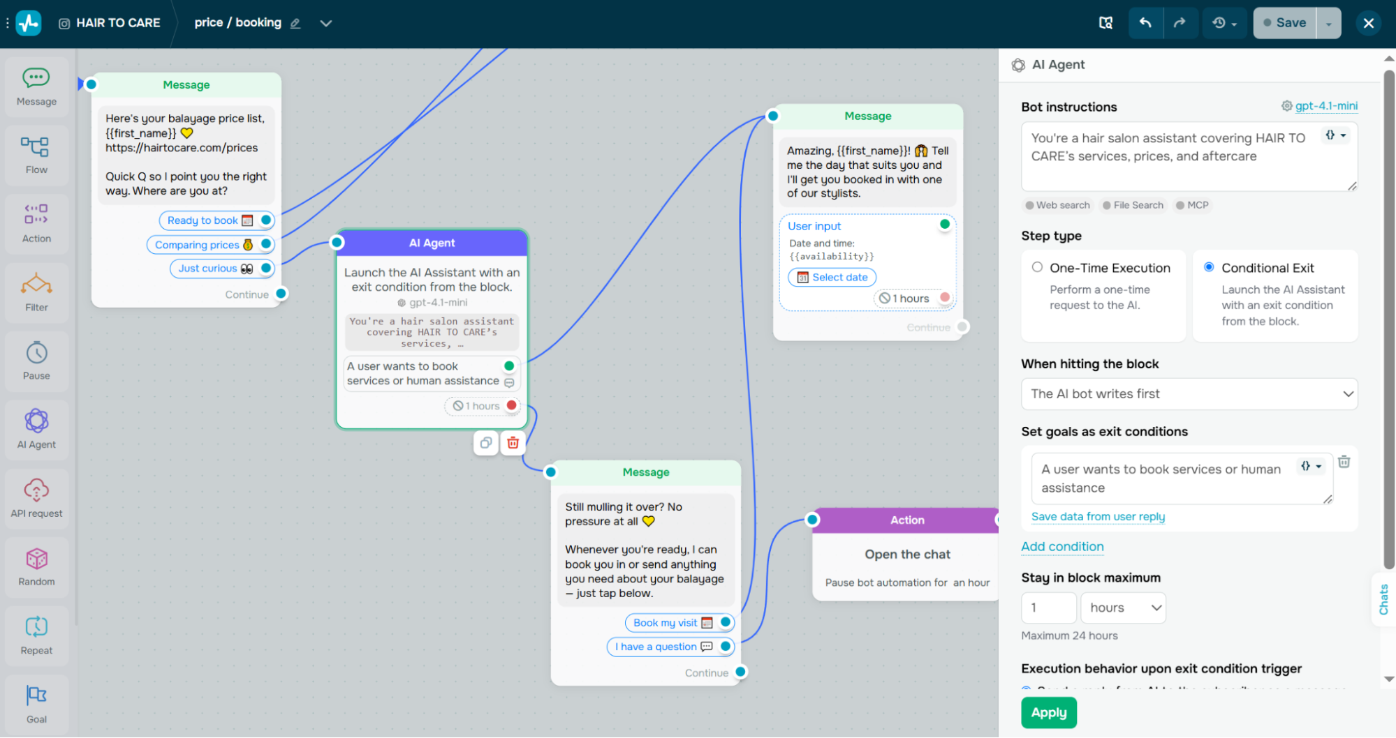 AI-powered flow for an Instagram chatbot created with SendPulse