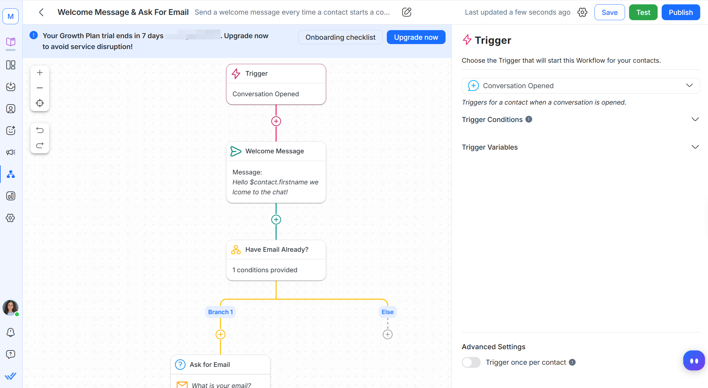 welcome-and-email-capture flow we built in respond.io
