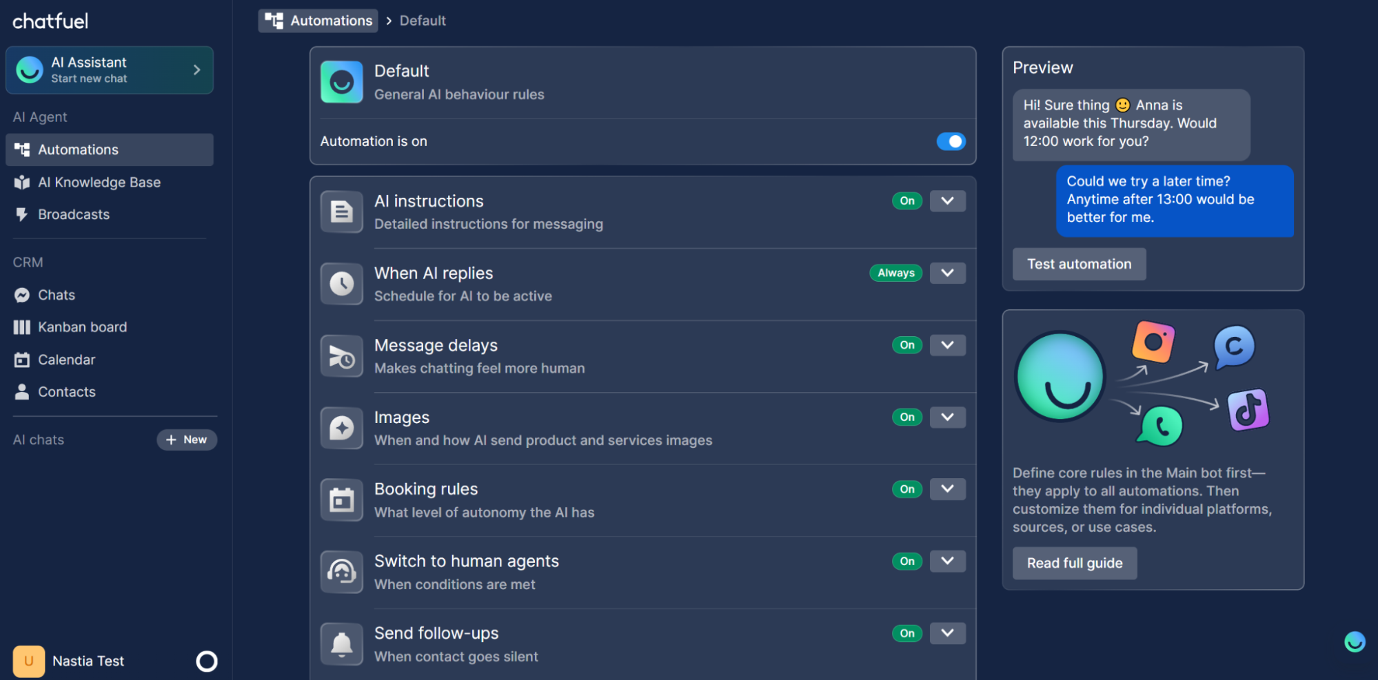 Chatfuel's AI Assistant rules for autonomy, booking, human handoff, and follow-ups