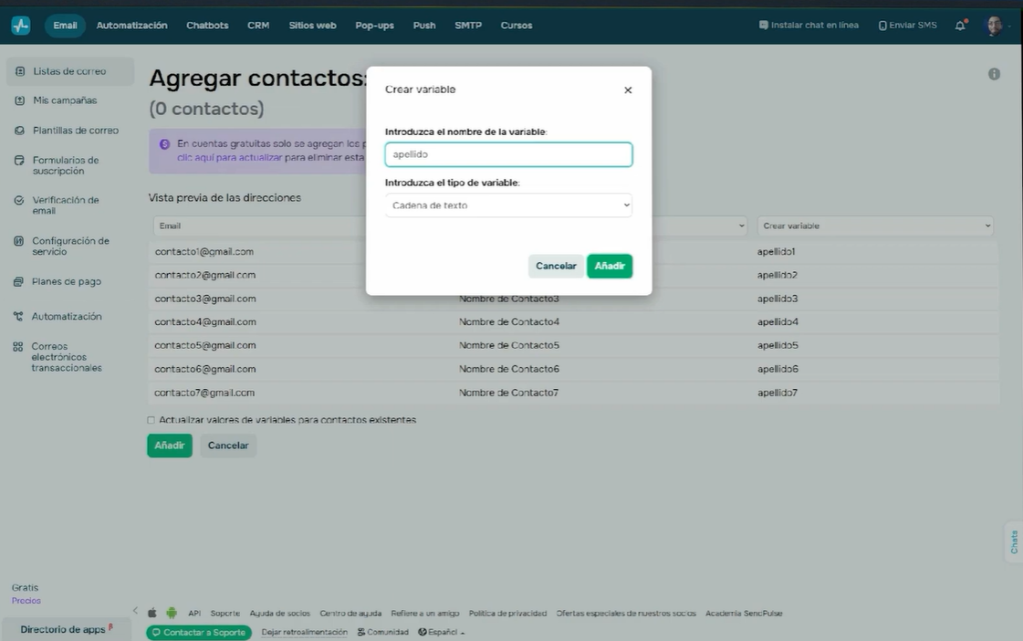 Variable "apellido" creada en SendPulse
