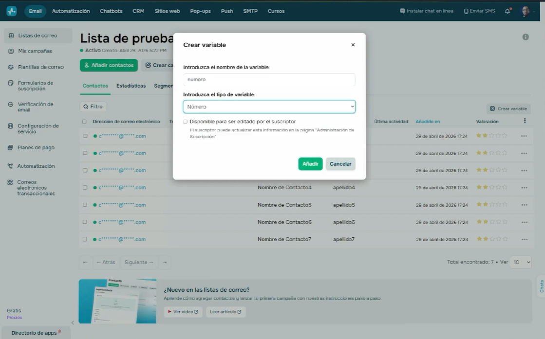 De ser necesario, SendPulse permite crear otra variable 