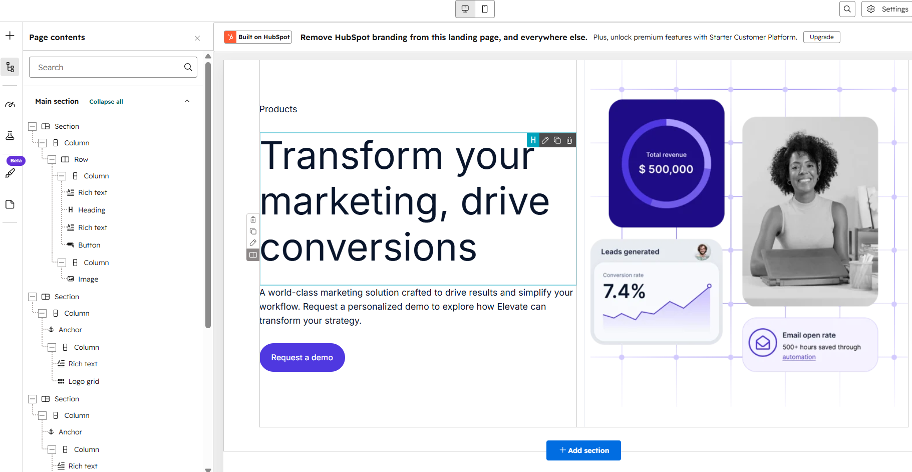 HubSpot’s landing page builder
