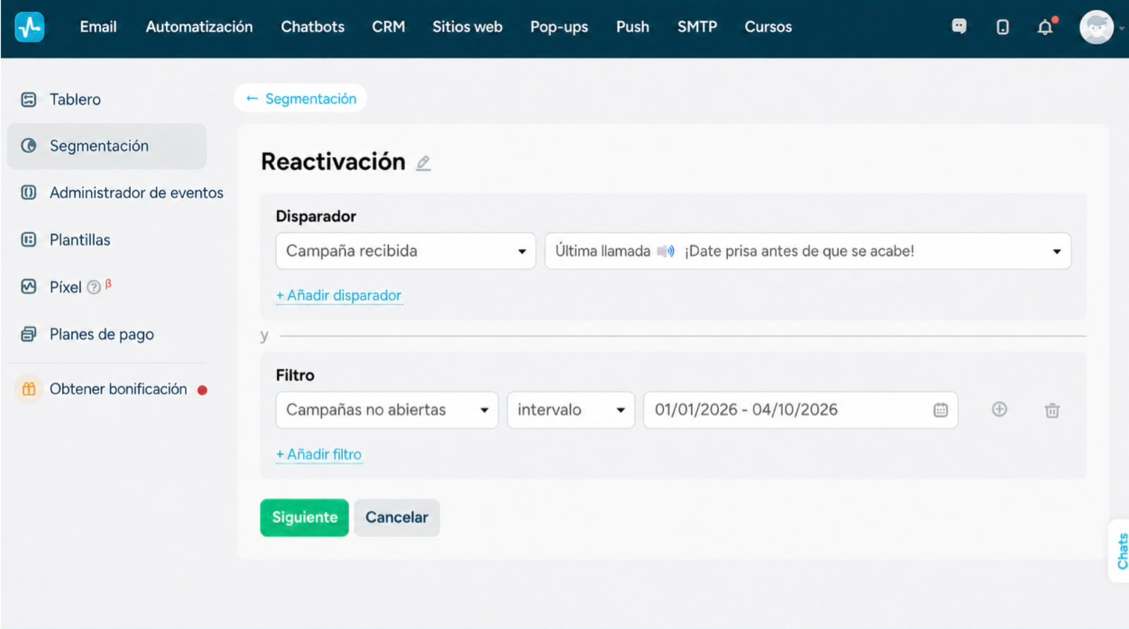 Interfaz de SendPulse para la creacion de una campaña de reactivación