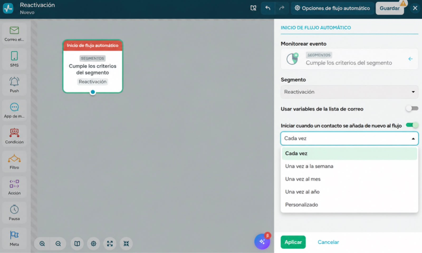 Configuración de un flujo para una campaña de correo de reactivación en SendPulse