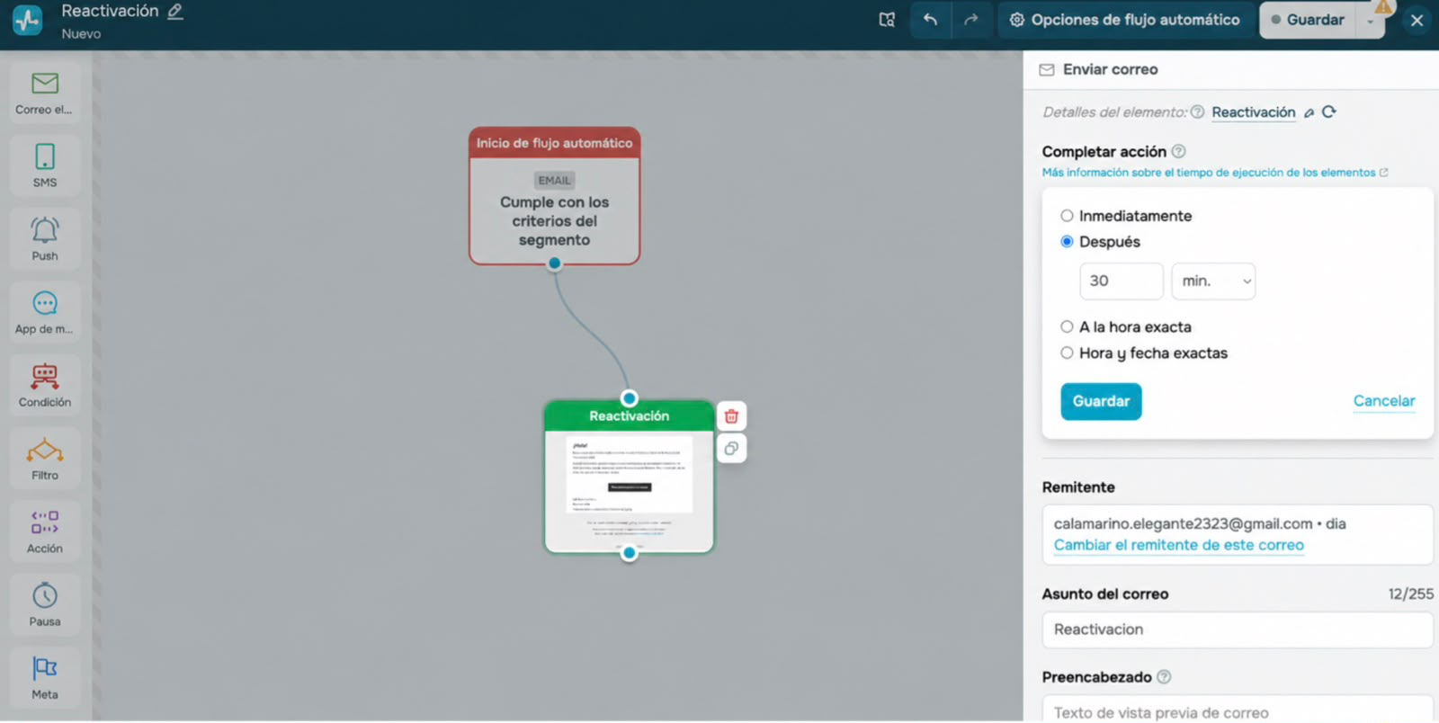 Configuración del tiempo de ejecución dentro del creador de flujos de SendPulse