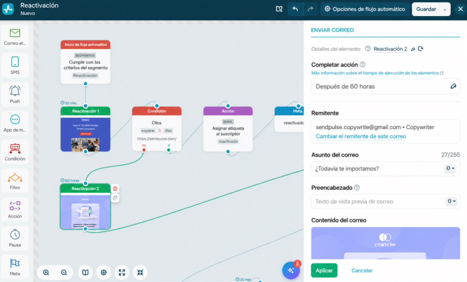 Añadiendo un segundo correo de reactivación en el creador de flujos de SendPulse