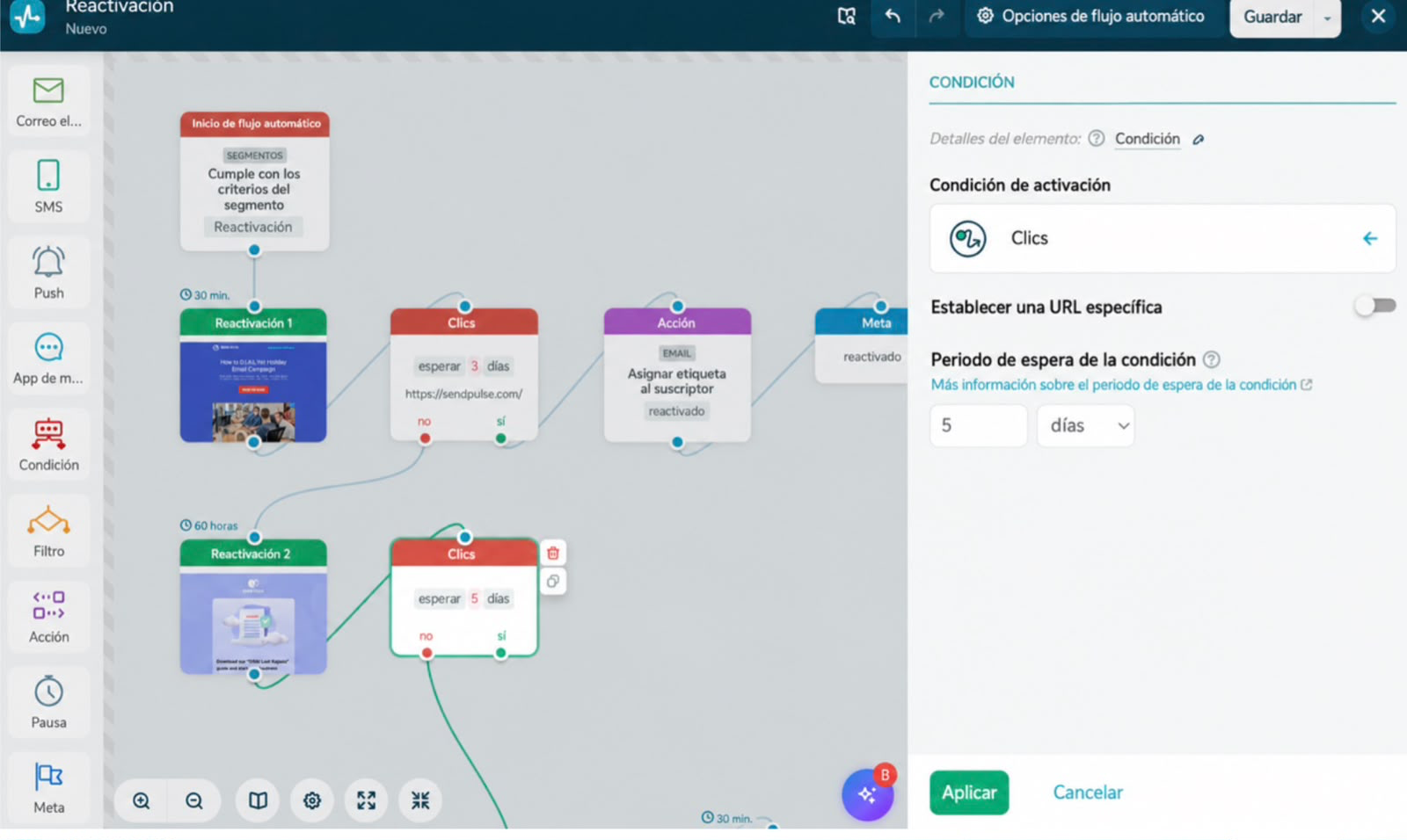 Configuración de la condición para el seguimiento de clics en una campaña de reactivación 