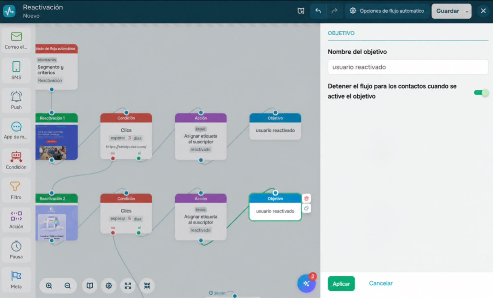 Configuración de un objetivo para el flujo de automatización de reactivación.